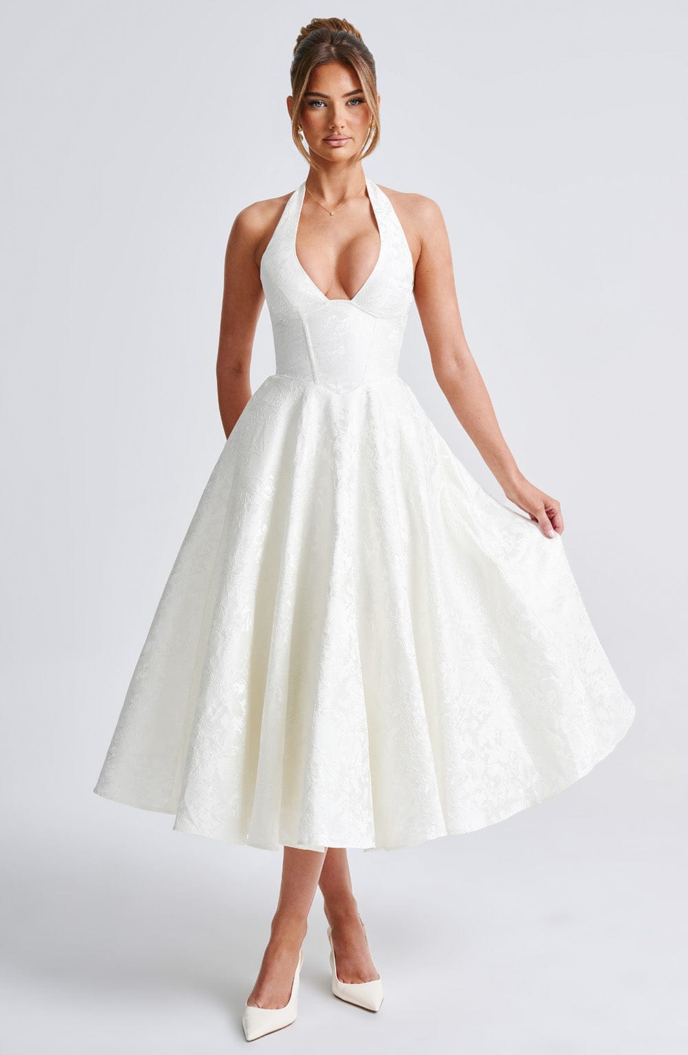Vestido Midi Marfil Jacquard Halter Lupita