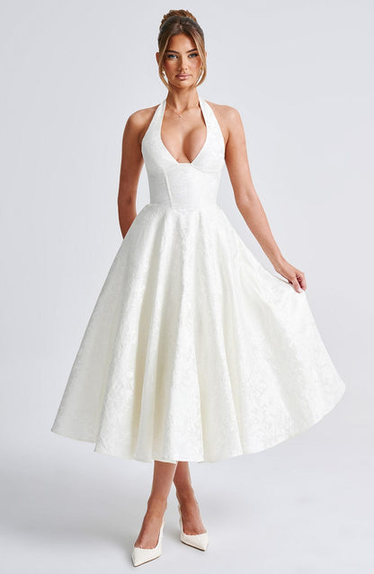 Vestido Midi Marfil Jacquard Halter Lupita