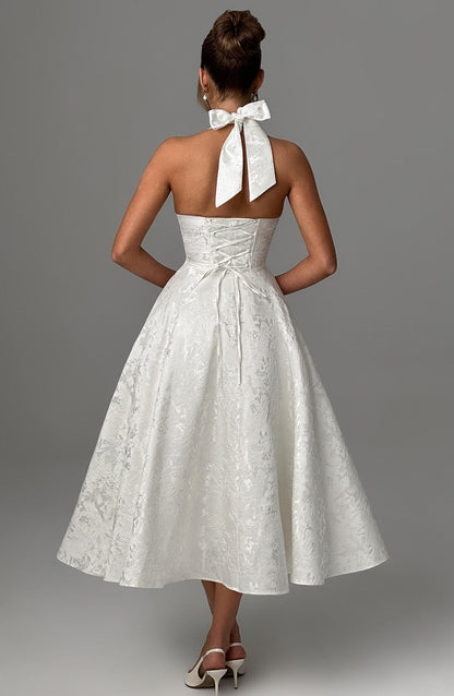 Vestido Midi Marfil Jacquard Halter Lupita