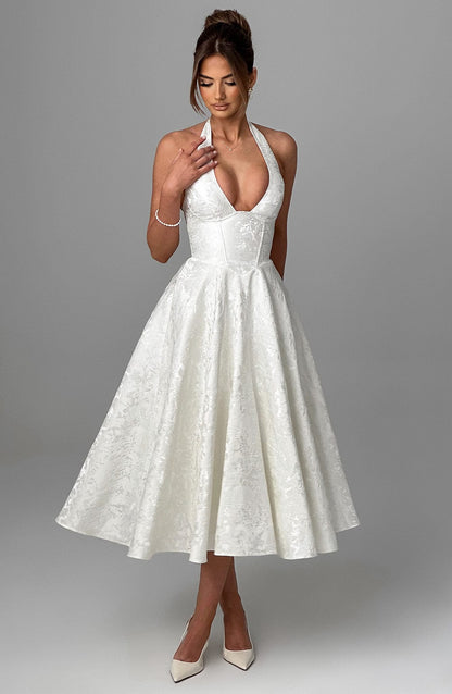 Vestido Midi Marfil Jacquard Halter Lupita