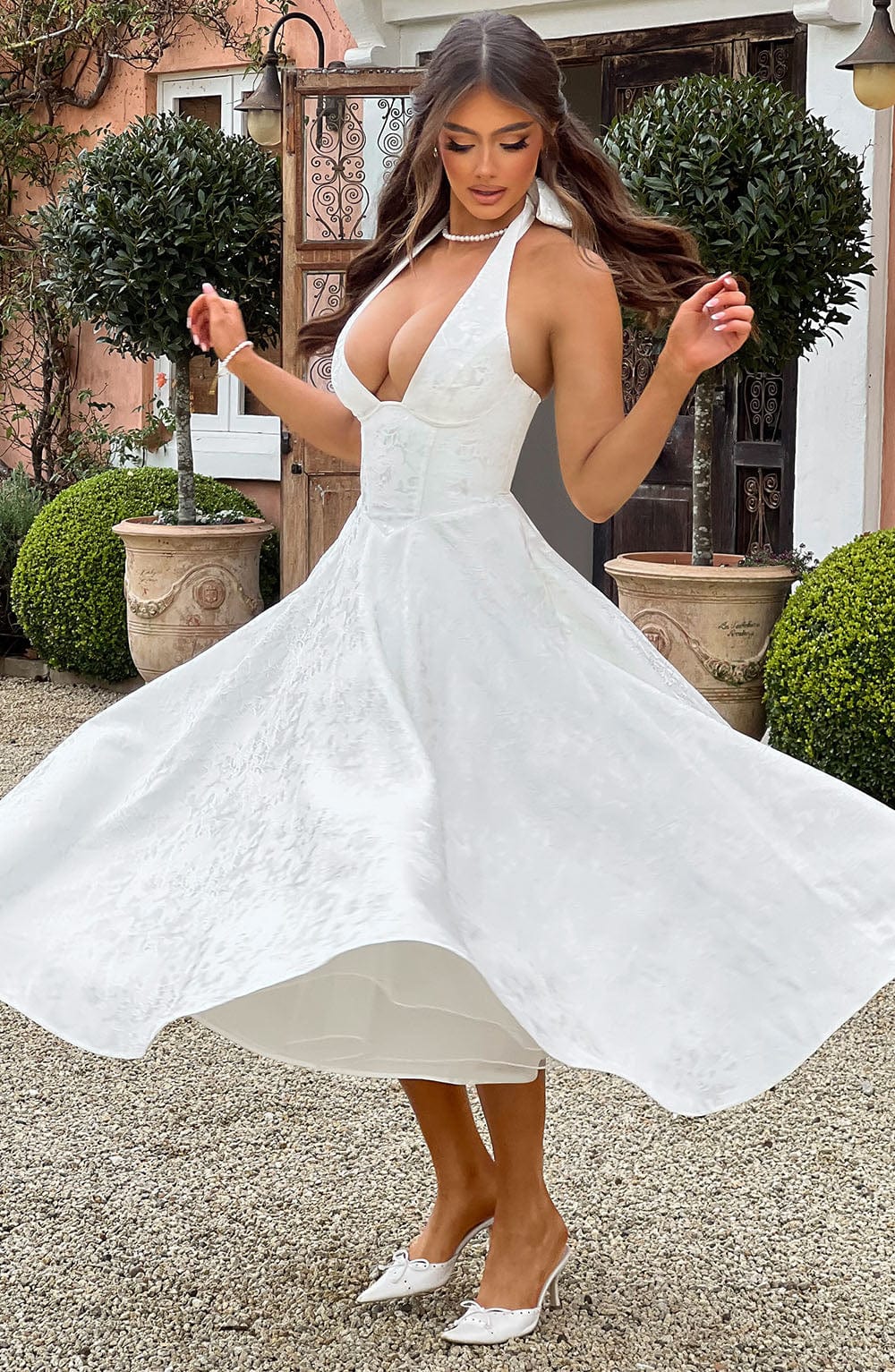 Vestido Midi Marfil Jacquard Halter Lupita