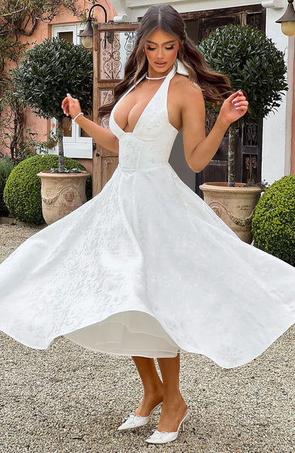 Vestido Midi Marfil Jacquard Halter Lupita