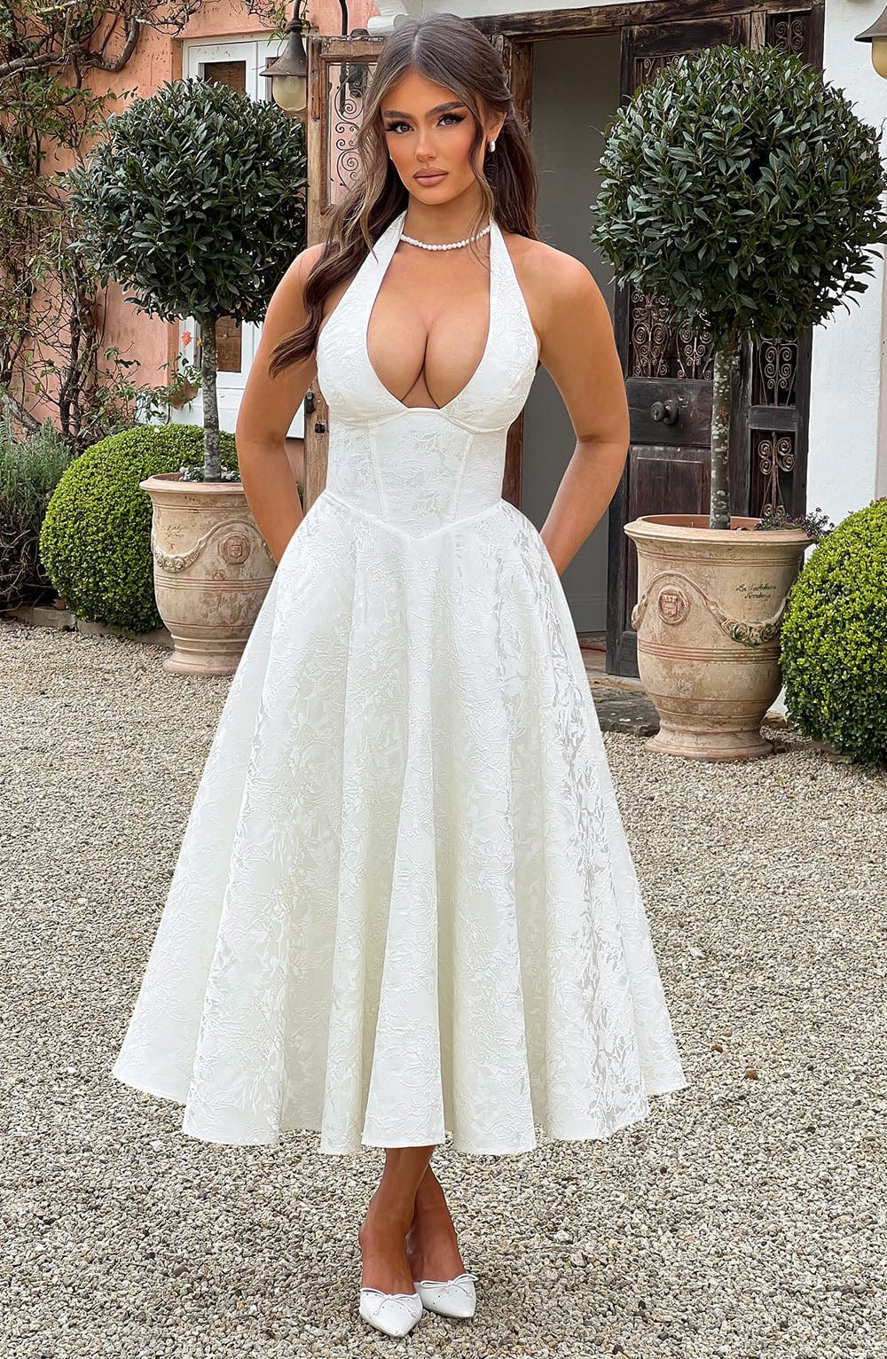 Vestido Midi Marfil Jacquard Halter Lupita