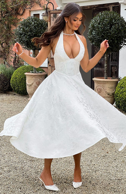 Vestido Midi Marfil Jacquard Halter Lupita