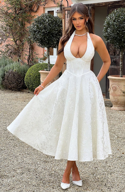 Vestido Midi Marfil Jacquard Halter Lupita