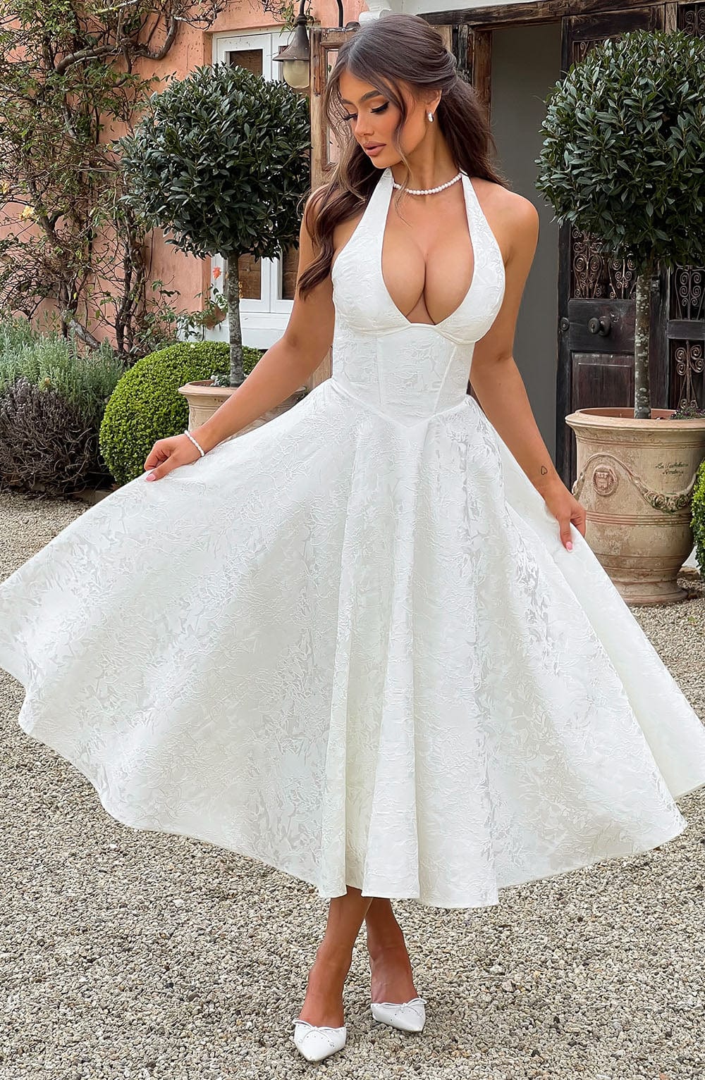 Vestido Midi Marfil Jacquard Halter Lupita