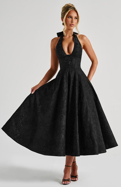 Vestido Midi Negro Jacquard Halter Lupita