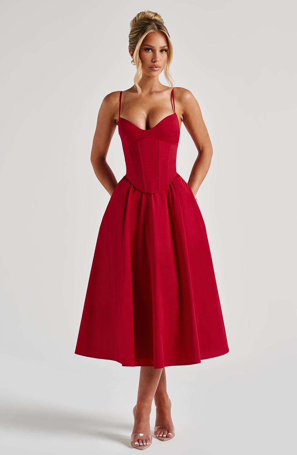 Vestido Midi Rojo Voilé Corsé Camila