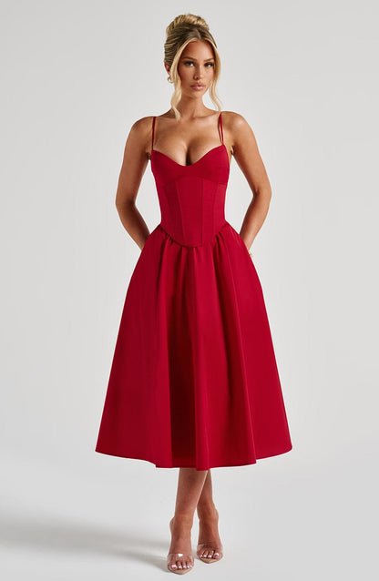 Vestido Midi Rojo Voilé Corsé Camila
