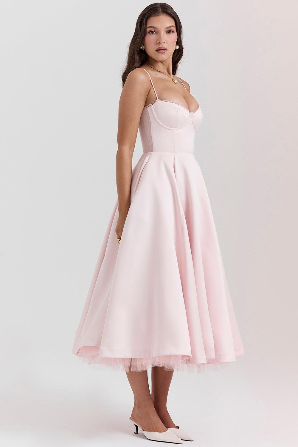 Vestido Midi Rosa Tul Escote Cintia