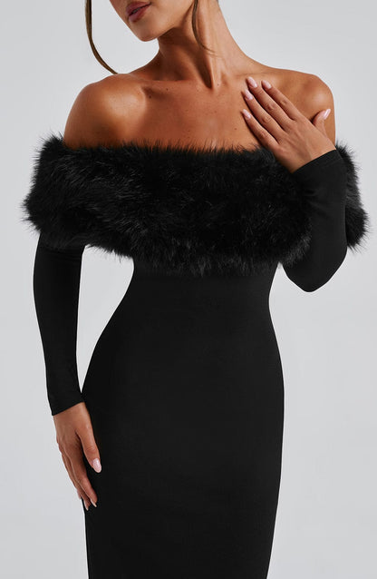 Vestido Midi Negro Bardot Piel Victoria