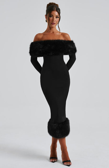 Vestido Midi Negro Bardot Piel Victoria