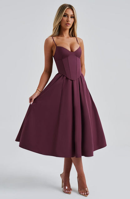 Vestido Midi Vino Voilé Corsé Camila