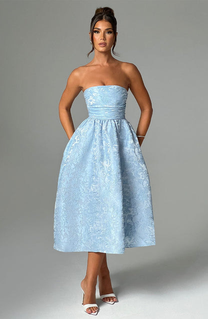 Vestido Midi Azul Jacquard Corsé Sara