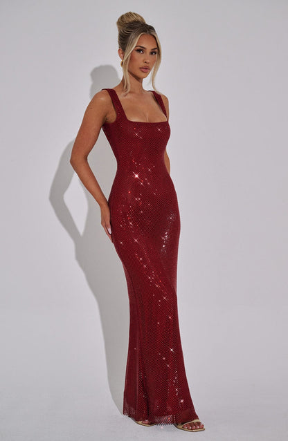 Vestido Maxi Rojo Vino Malla Pedrería Paola