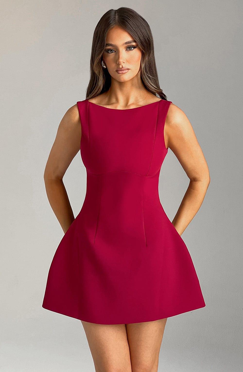 Vestido Corto Rojo Vino Crepé Abullonada Laura