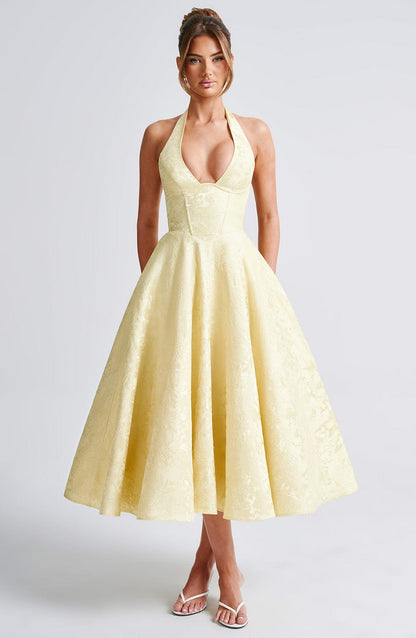 Vestido Midi Amarillo Jacquard Halter Lupita