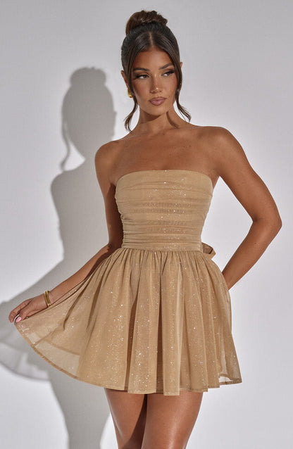 Vestido Mini Dorado Brillo Corsé Catalina