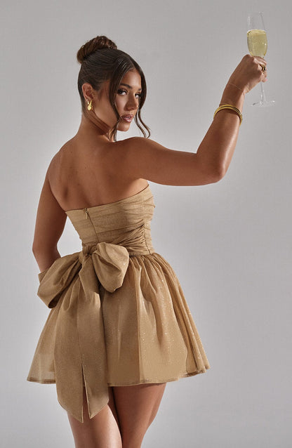 Vestido Mini Dorado Brillo Corsé Catalina