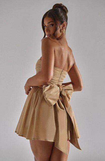 Vestido Mini Dorado Brillo Corsé Catalina