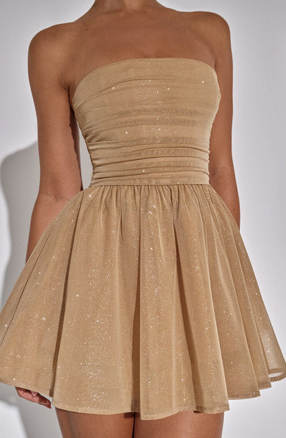 Vestido Mini Dorado Brillo Corsé Catalina