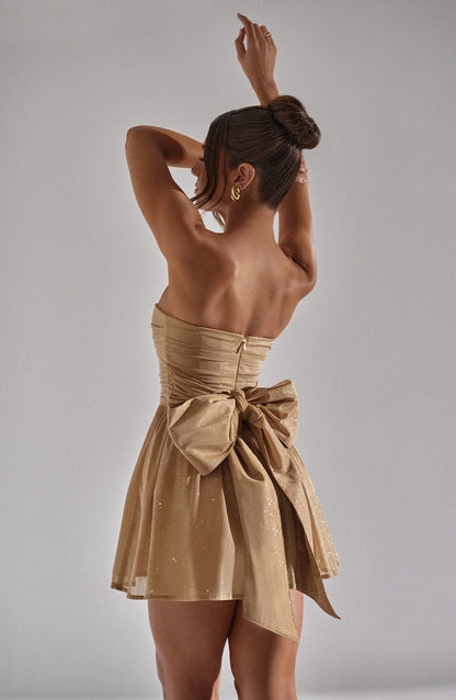 Vestido Mini Dorado Brillo Corsé Catalina