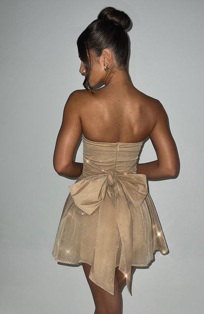Vestido Mini Dorado Brillo Corsé Catalina