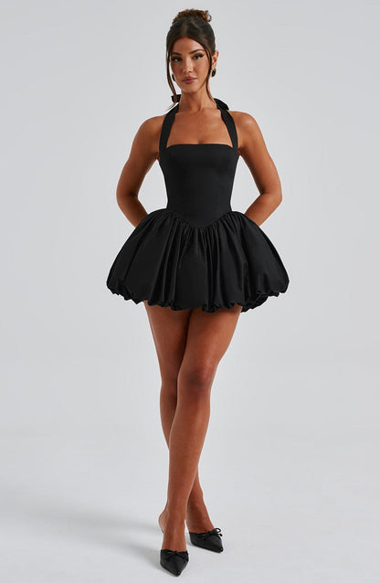 Vestido Mini Negro Halter Corsé Martina