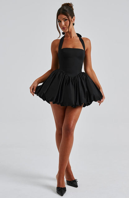 Vestido Mini Negro Halter Corsé Martina