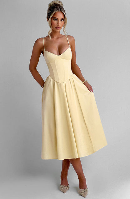 Vestido Midi Amarillo Voilé Corsé Camila