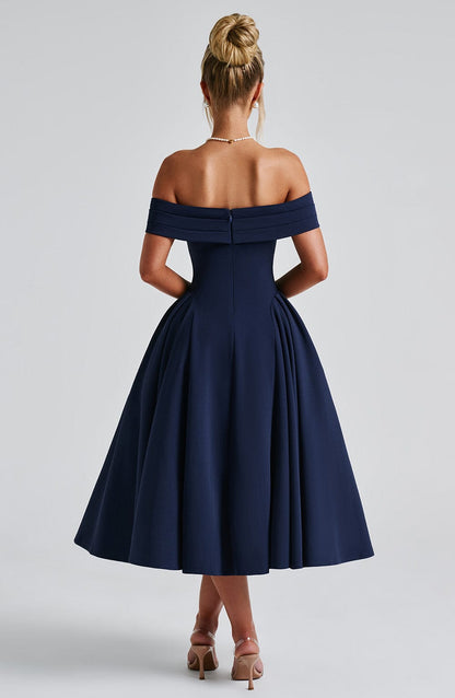 Vestido Midi Azul Marino Bardot Tul Marisa