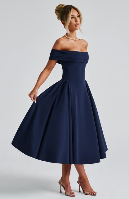 Vestido Midi Azul Marino Bardot Tul Marisa