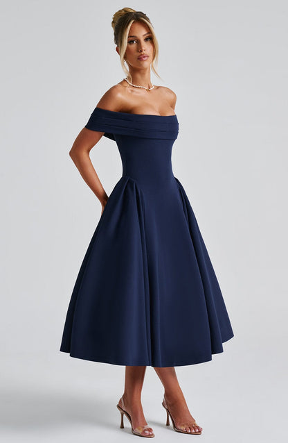 Vestido Midi Azul Marino Bardot Tul Marisa
