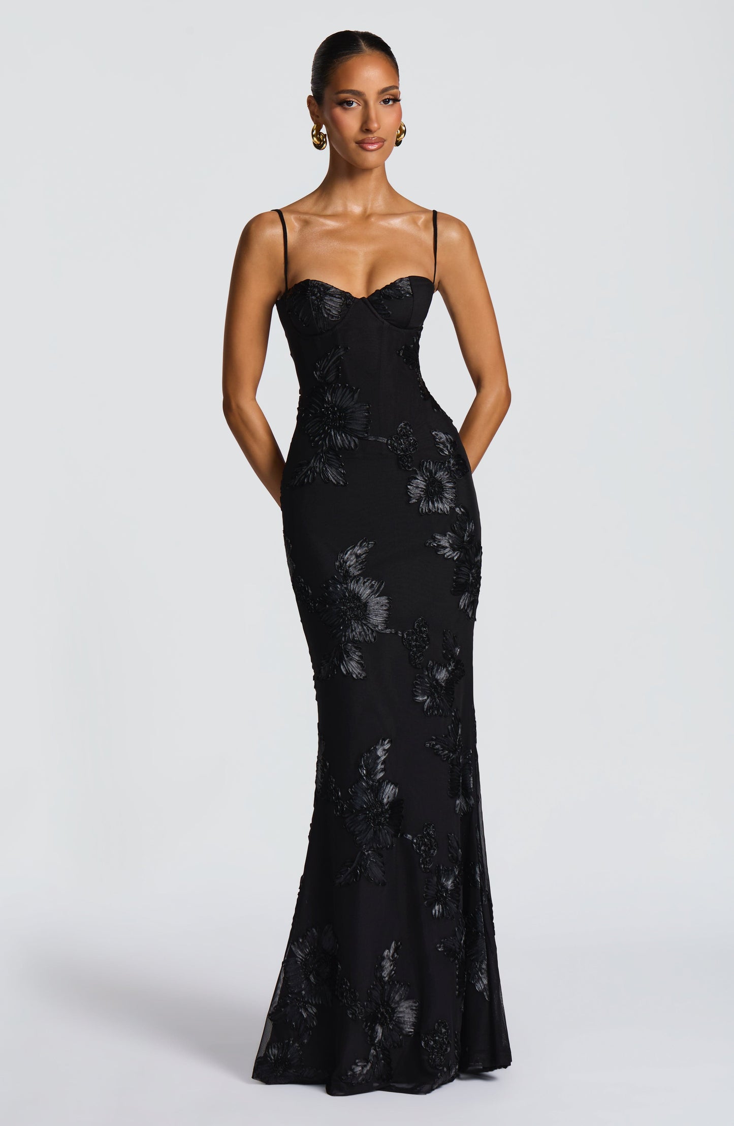 Zara Black Floral Corset Maxi Dress