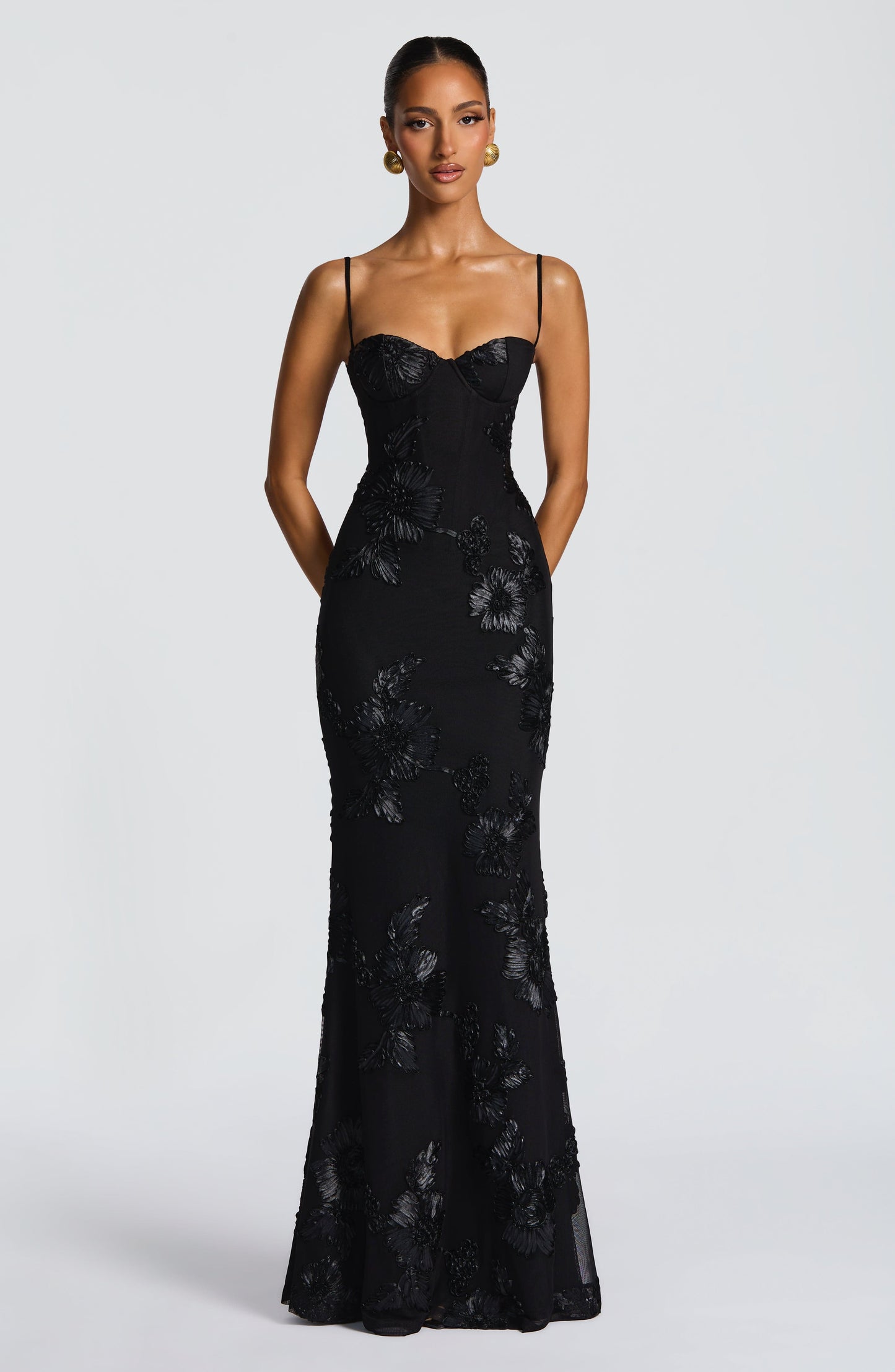 Zara Black Floral Corset Maxi Dress