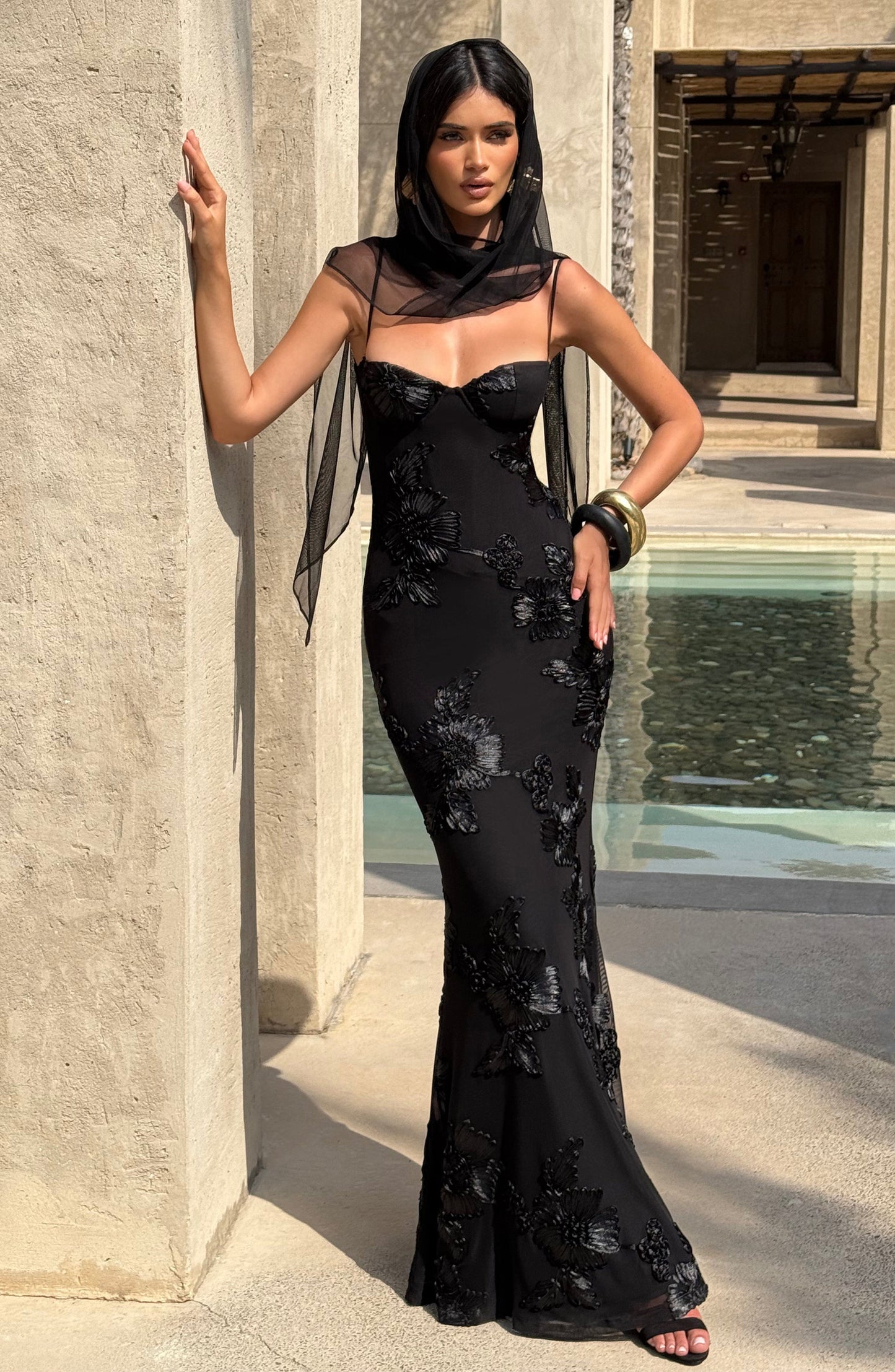 Zara Black Floral Corset Maxi Dress