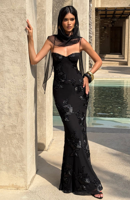 Zara Black Floral Corset Maxi Dress