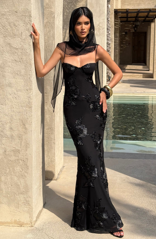 Zara Black Floral Corset Maxi Dress