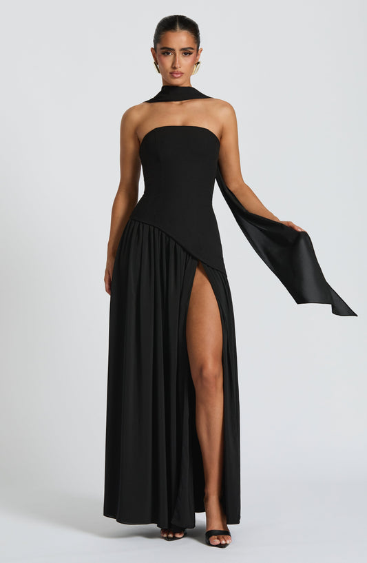 Aurelia Black Halter Open-Back Evening Maxi Dress