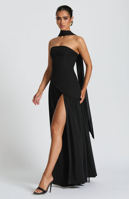 Aurelia Black Halter Open-Back Evening Maxi Dress