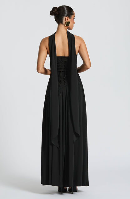 Aurelia Black Halter Open-Back Evening Maxi Dress