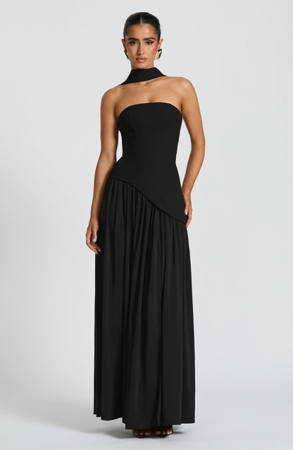 Aurelia Black Halter Open-Back Evening Maxi Dress