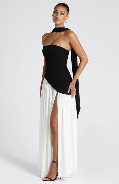 Black and white strapless satin maxi dress with high slit and chiffon scarf – AURÉLE by Moudier