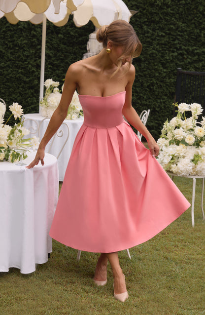 Isalina Strapless Coral Pink Midi Dress
