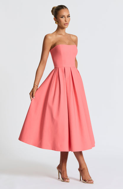 Isalina Strapless Coral Pink Midi Dress