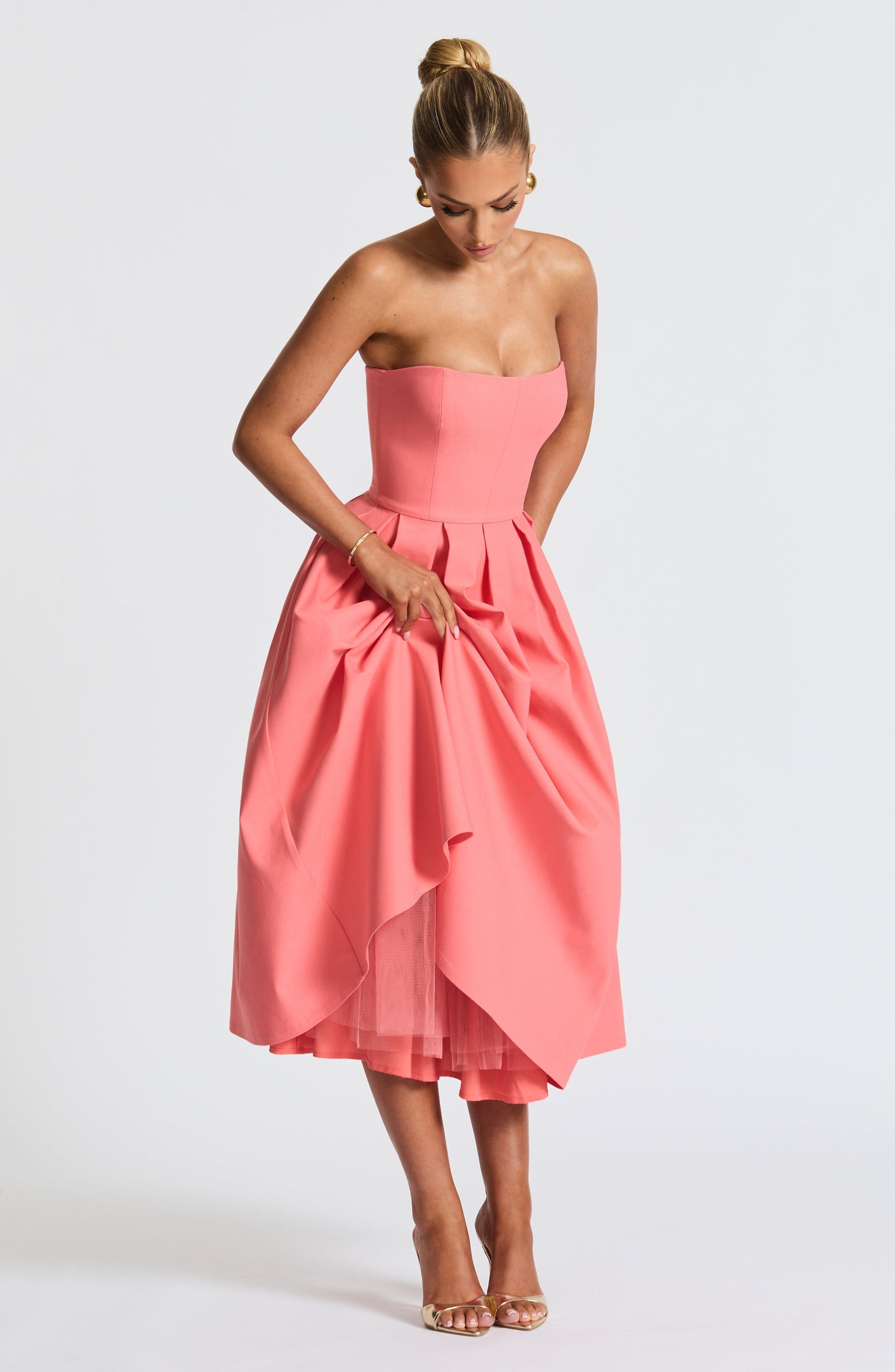 Isalina Strapless Coral Pink Midi Dress