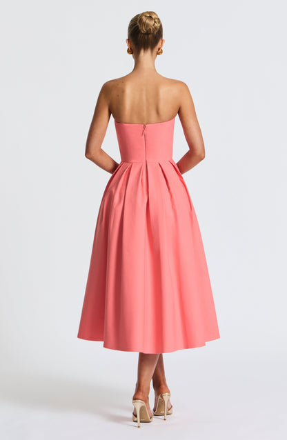 Isalina Strapless Coral Pink Midi Dress