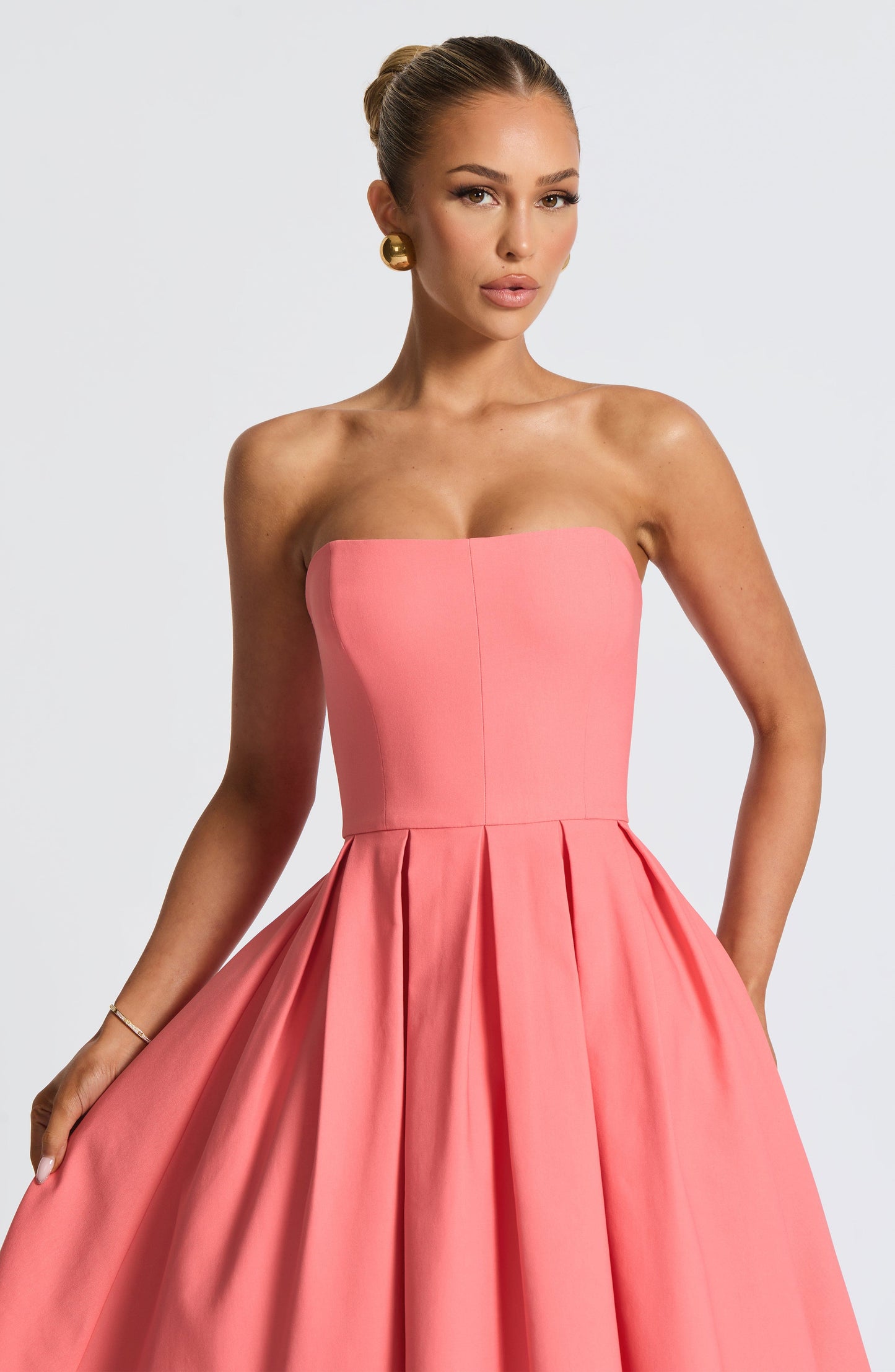 Isalina Strapless Coral Pink Midi Dress
