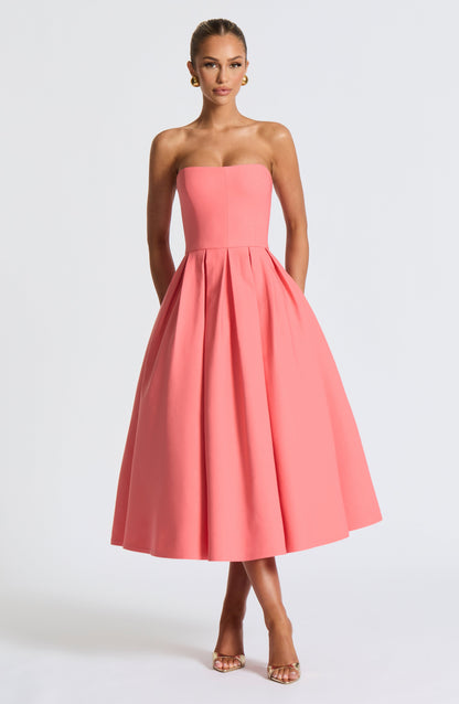 Isalina Strapless Coral Pink Midi Dress