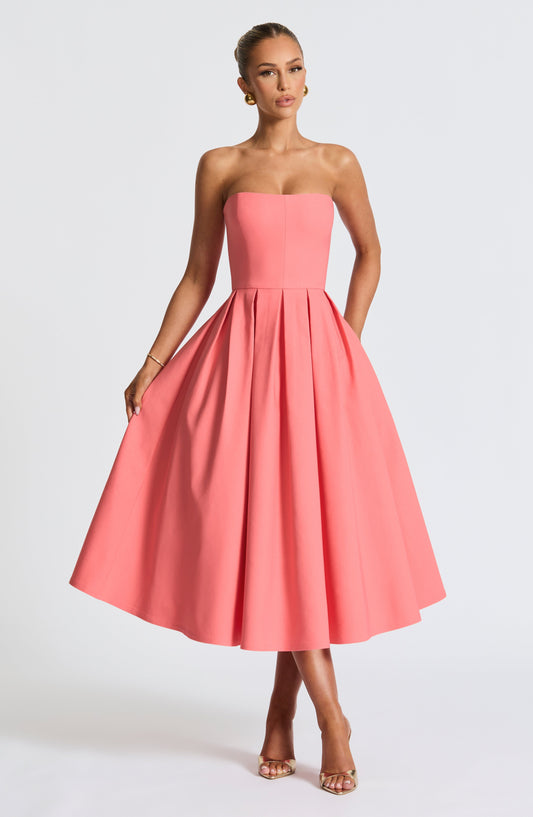 Isalina Strapless Coral Pink Midi Dress